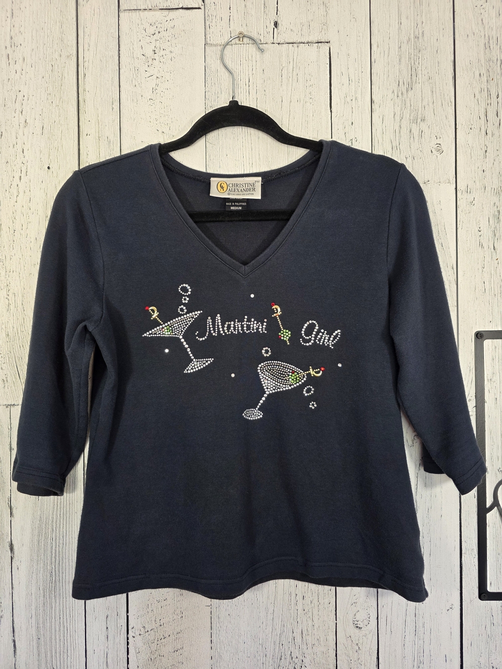 Christine Alexander Martini Girl Rhinestone Top M Y2K 3/4 Sleeve